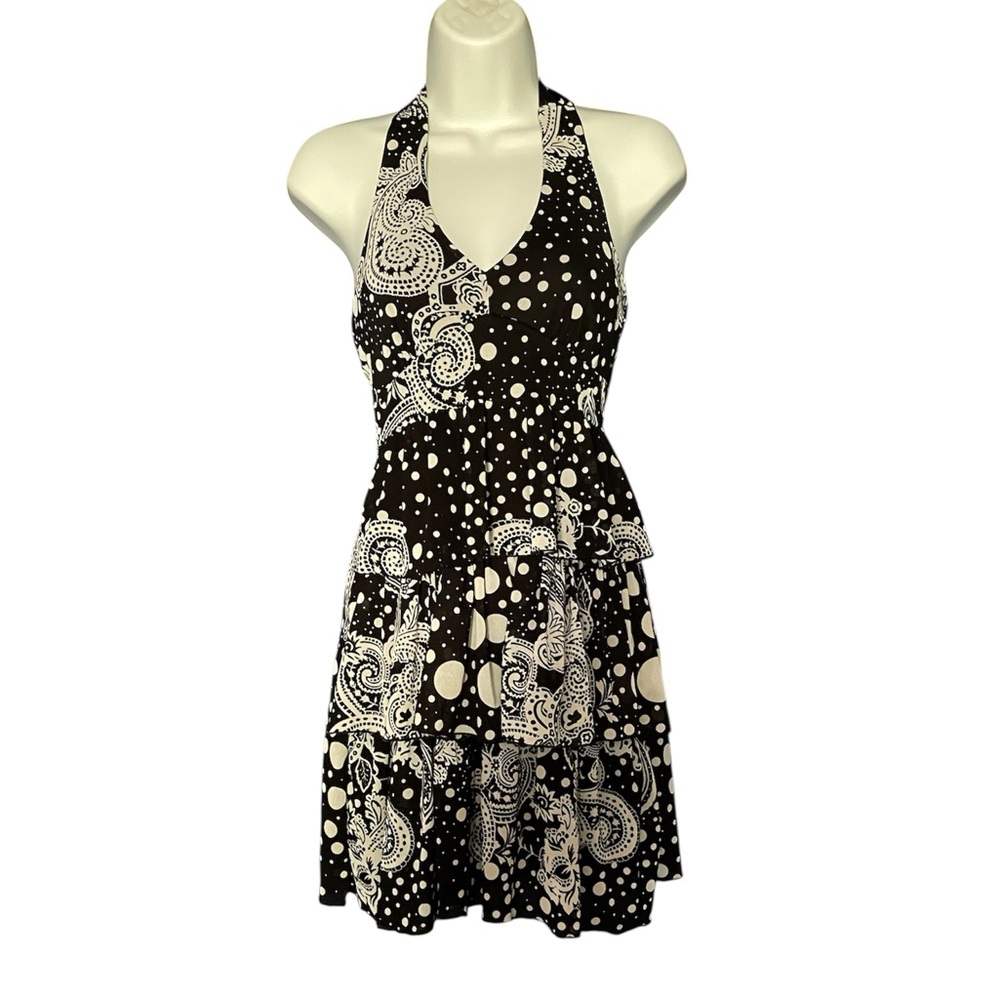 Vintage Y2K Suzy Shier XS black and white paisley and polka dot halter dress
